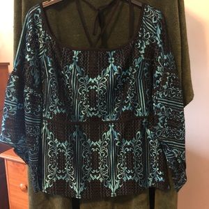 Large Beautiful blue/green & black off shoulder tue around neck blouse